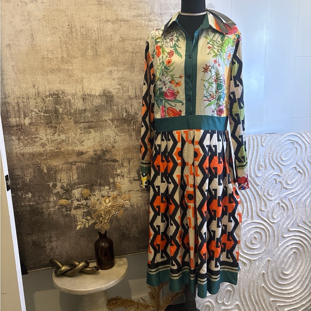 Elegant Long Sleeve Dress with Floral and Geometric Patterns